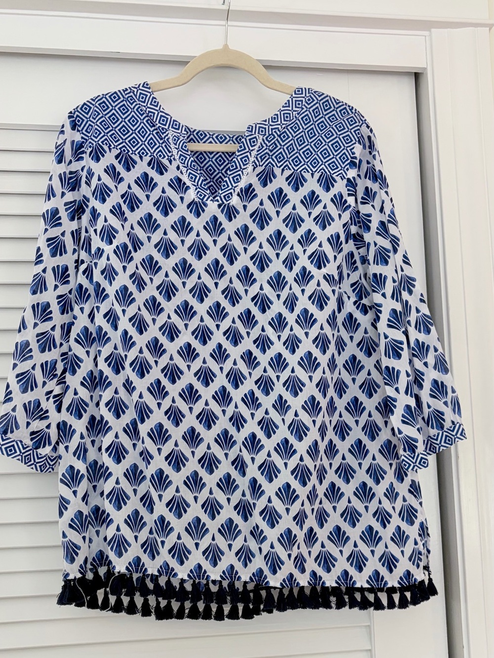 Talbots Blue and White Geometric Print Tassel-Hem Tunic